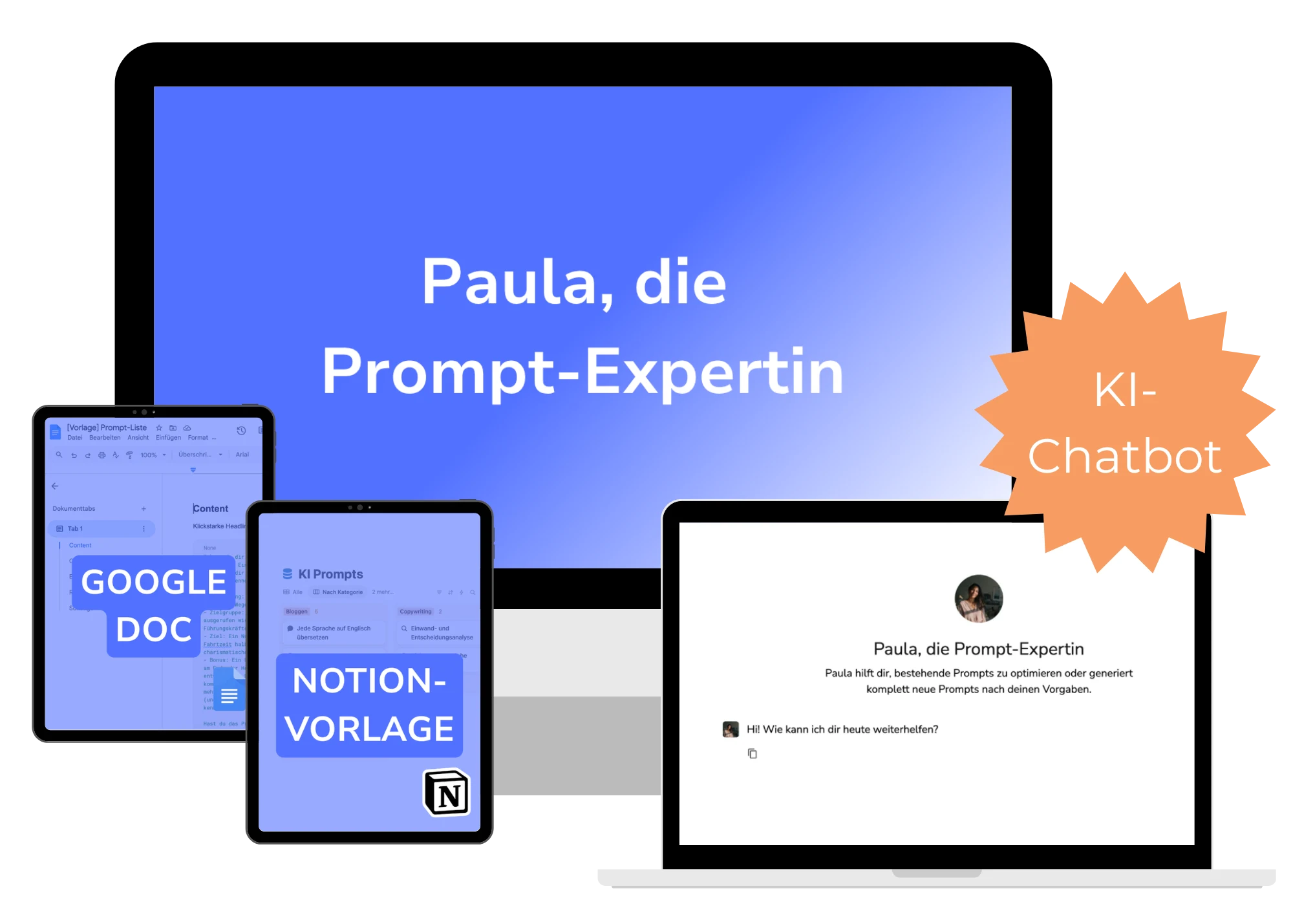 Paula, die Prompt-Expertin – Mockup mit Notion-Datenbank, Vorlagen und Badge