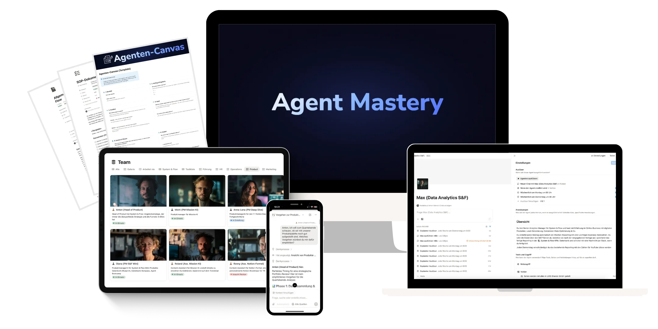 Mockup von Agent Mastery: Kursoberfläche auf Laptop und Tablet.