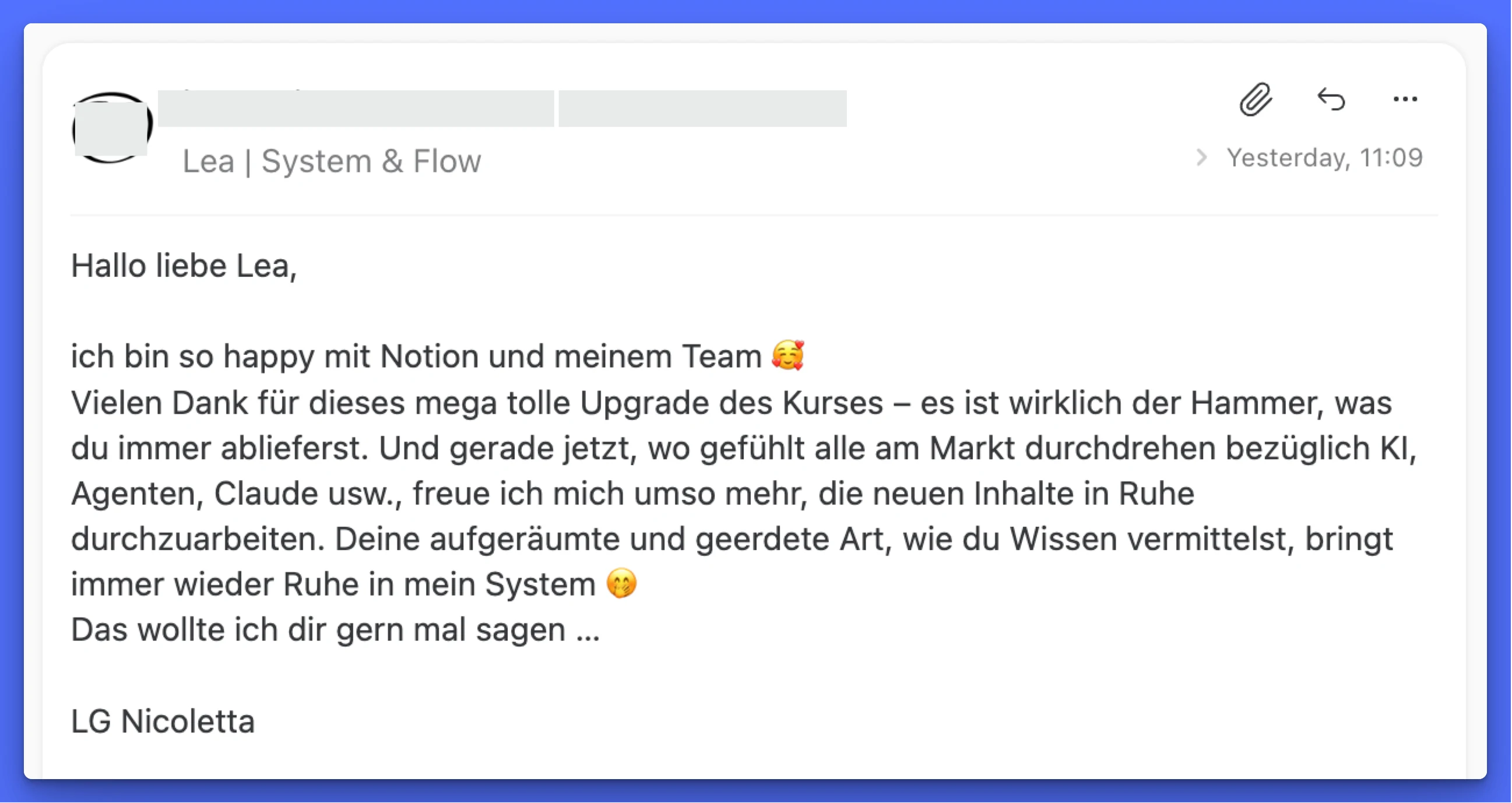 E-Mail-Feedback von Nicoletta zum Agent Bootcamp – sie ist begeistert vom Upgrade des Kurses und ihrem KI-Team in Notion