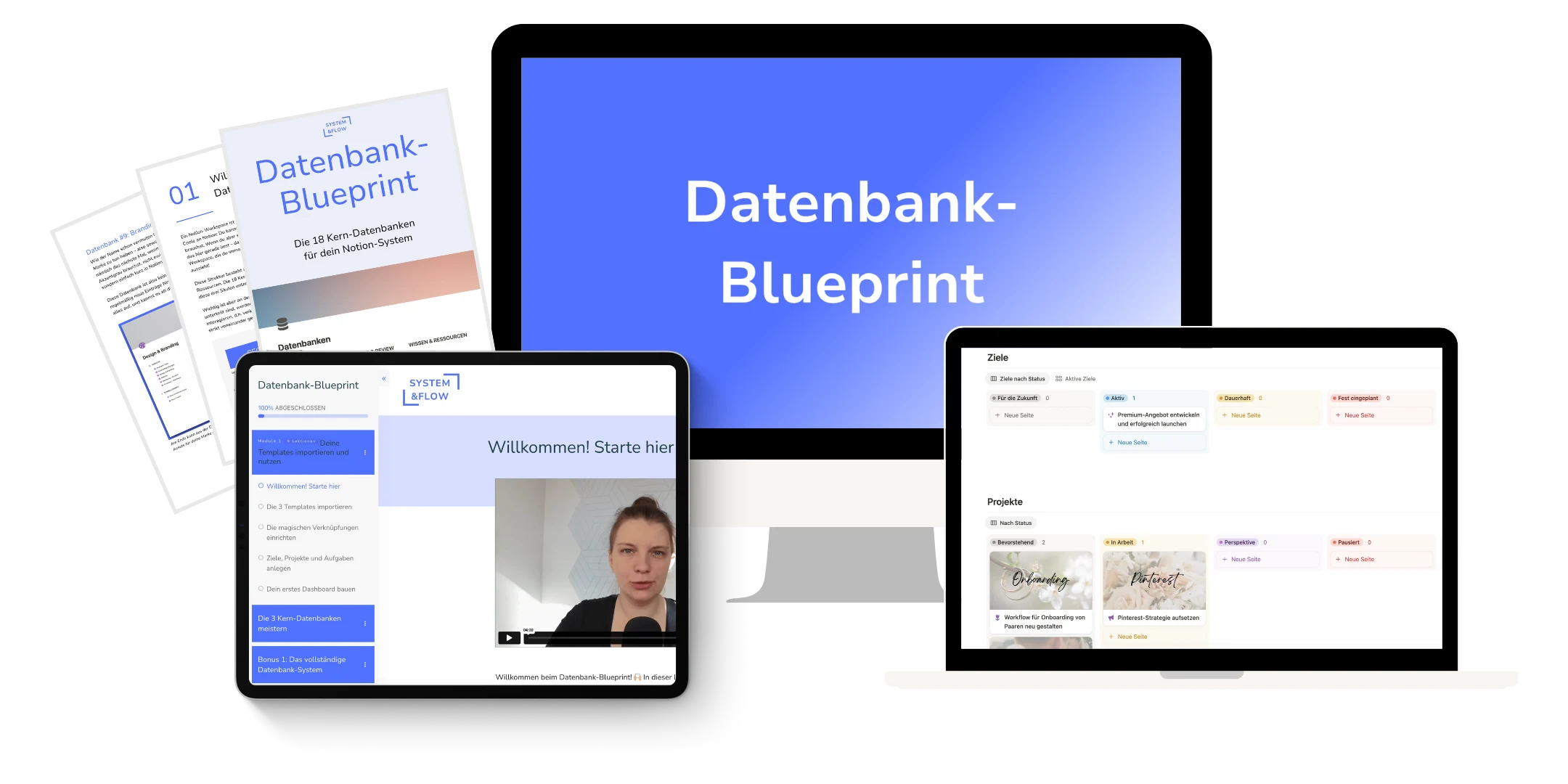 Datenbank-Blueprint – Mockup von Notion-Templates auf Laptop und Tablet