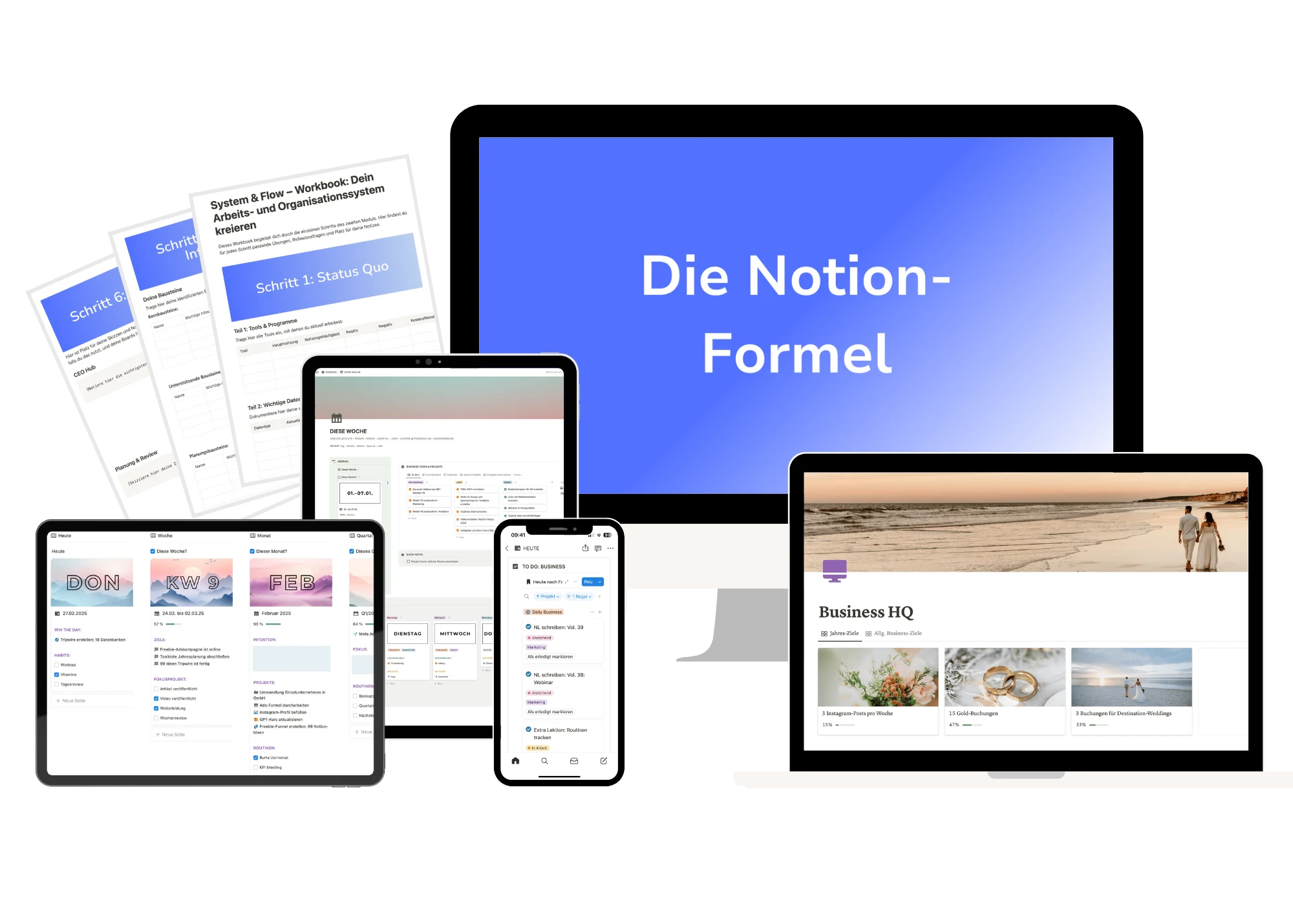 Die Notion-Formel – Mockup von Kursoberfläche auf Laptop und Tablet