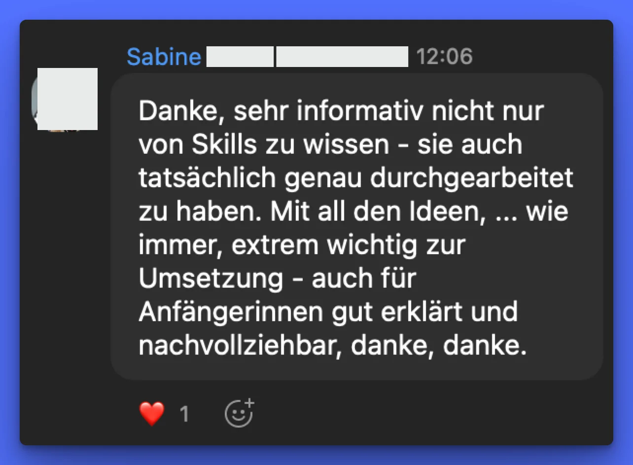 Positives Feedback von Sabine zum Live-Workshop in Mission KI